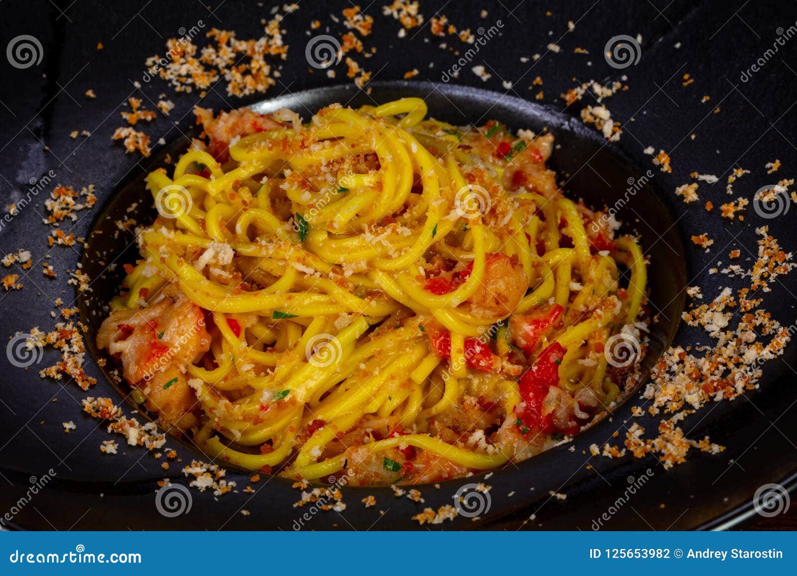 Spaghetti with crab meat stock photo. Image of table 125653982