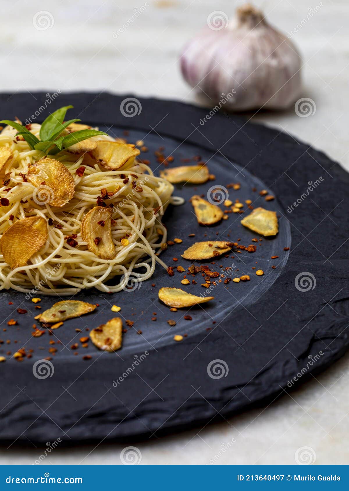Spaghetti Pasta with Fried Garlic and Olive Oil Stock Image Image of