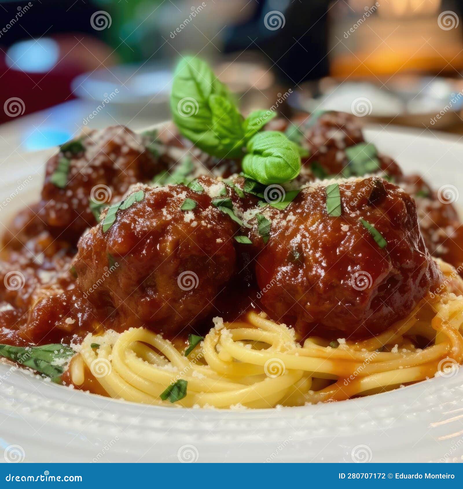 Spaghetti Pasta with Meatballs in Tomato Sauce and Parmesan Stock