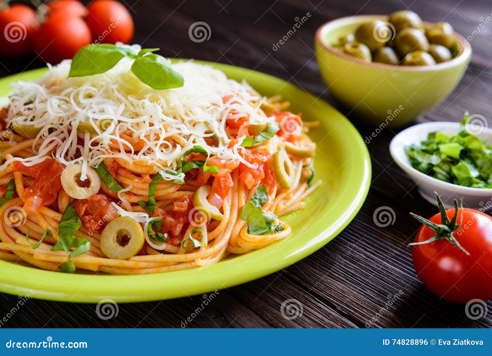 Spaghetti Pasta Salad with Tomato Sauce, Olives, Gouda Cheese and Basil