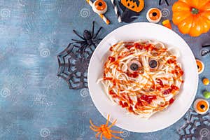 Spaghetti With Sausages In The Form Of Spiders Happy Kid Food For 