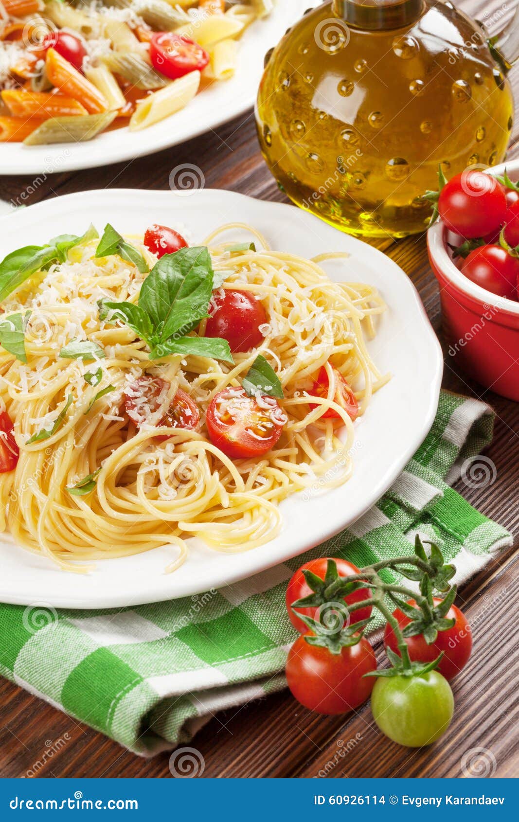Spaghetti and Penne Pasta with Tomatoes and Basil Stock Photo Image