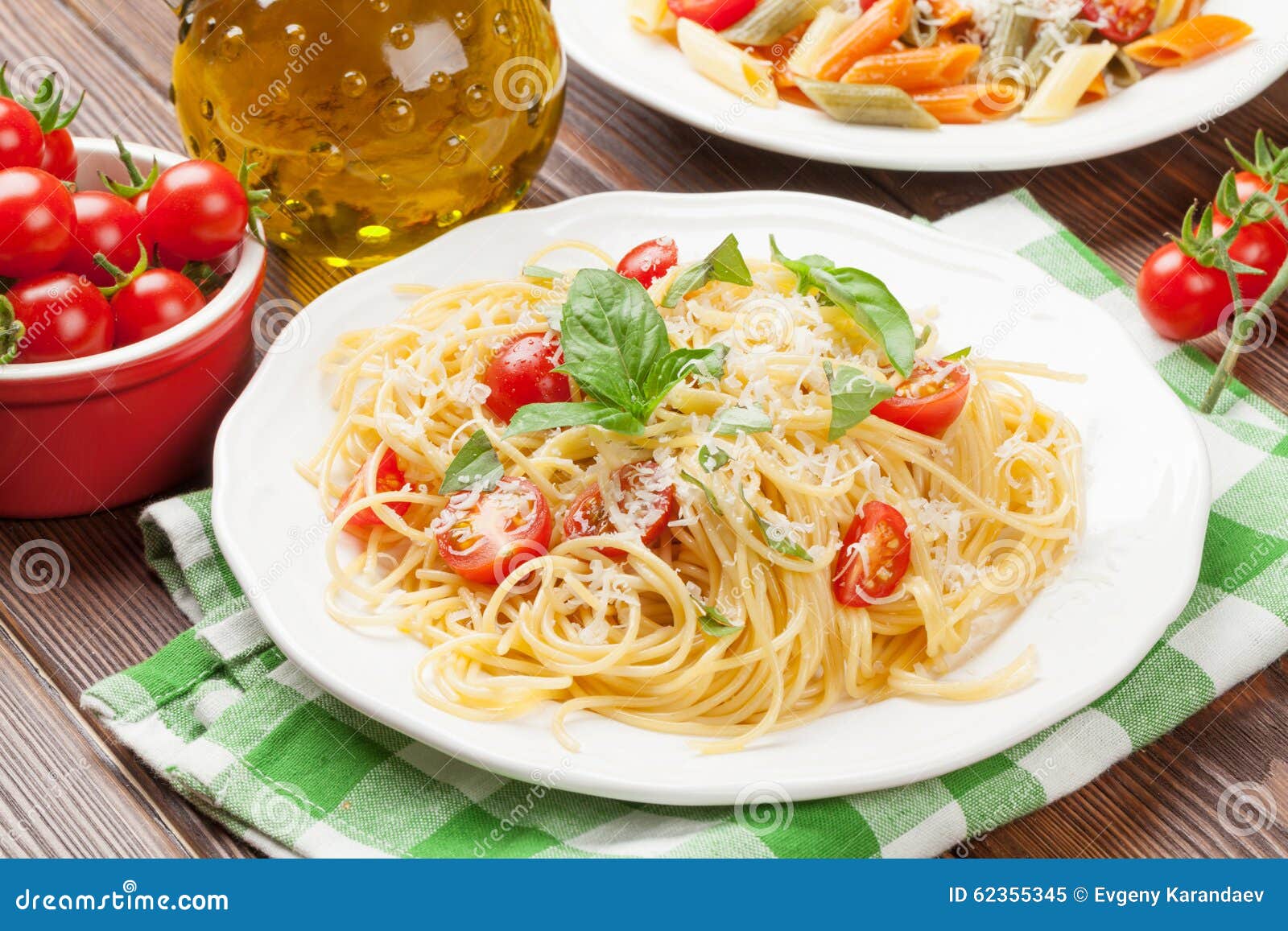 Spaghetti and Penne Pasta with Tomatoes and Basil Stock Image Image