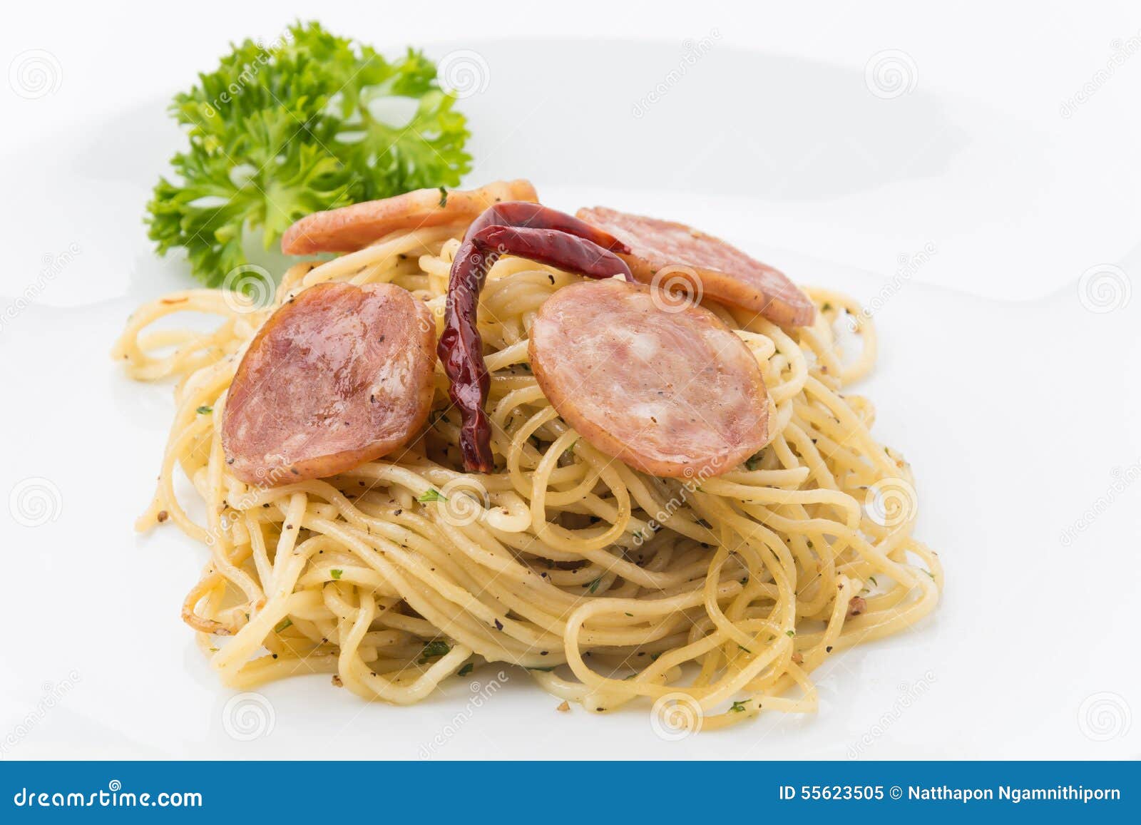 Spaghetti pepperoni stock image. Image of delicious, leaf 55623505