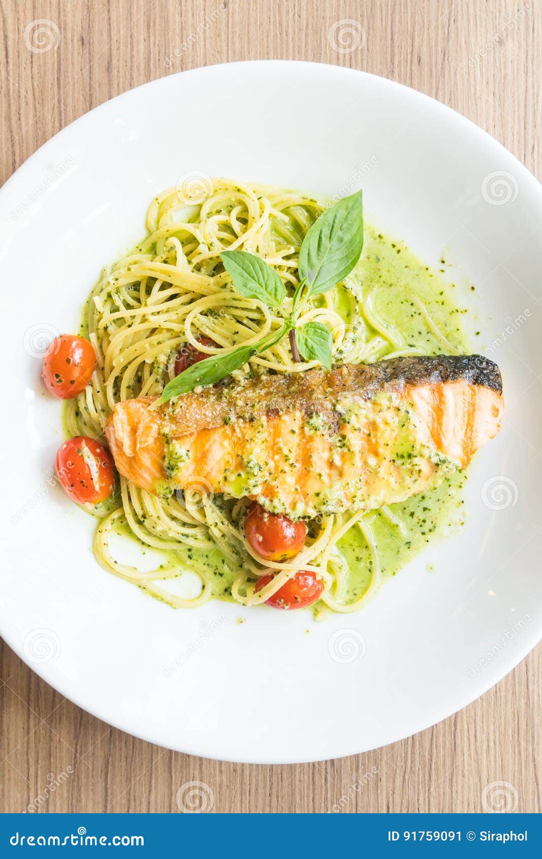 Spaghetti pesto salmon stock image. Image of italian - 91759091