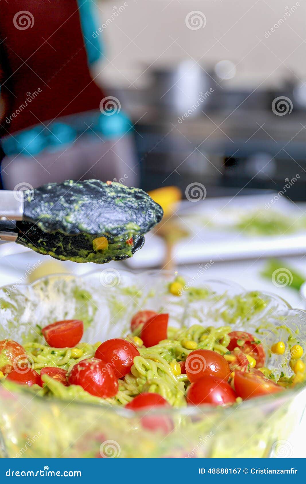 Spaghetti with Pesto Sauce and Cherry Tomato Stock Image Image of