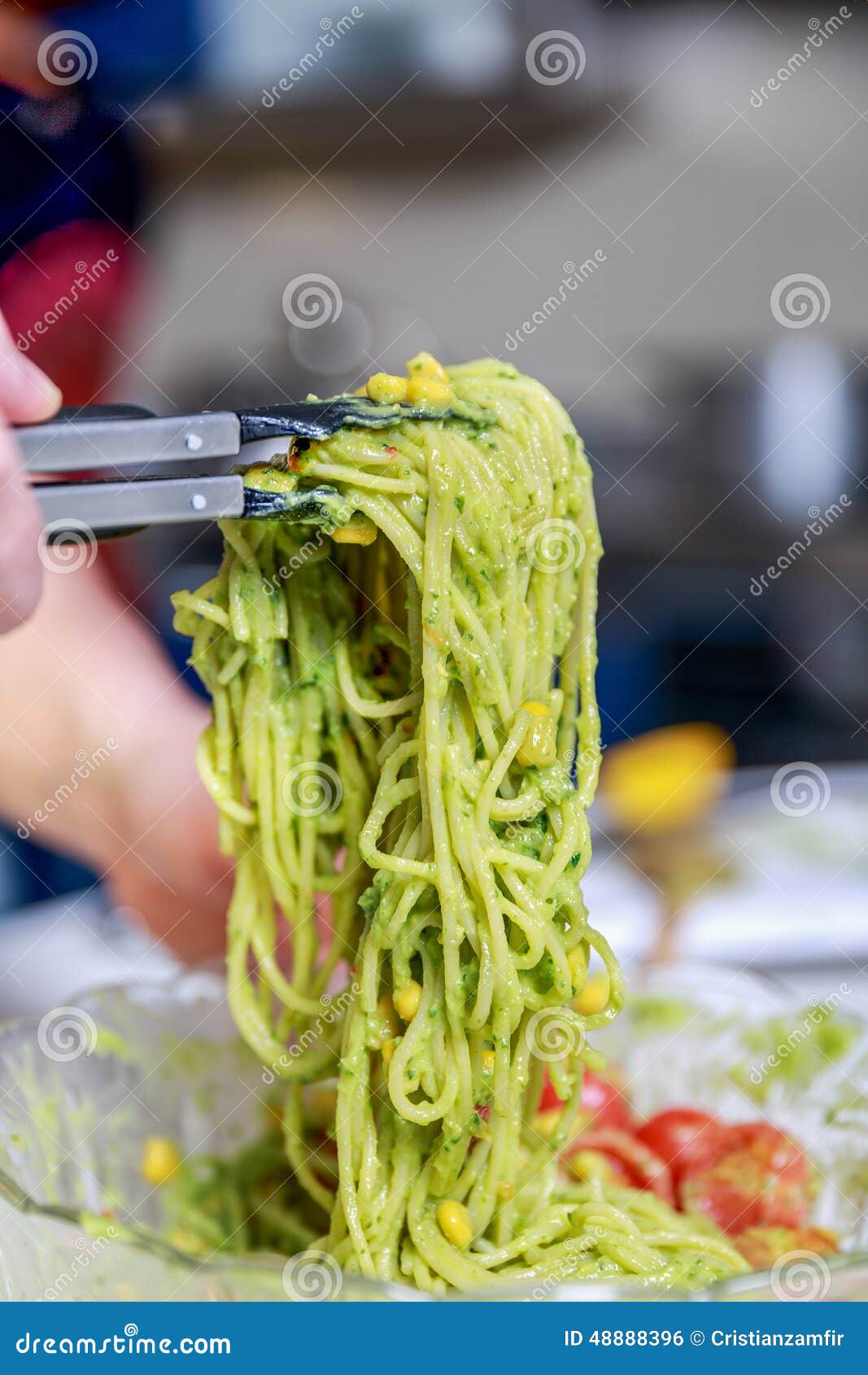 Spaghetti with Pesto Sauce and Cherry Tomato Stock Photo Image of