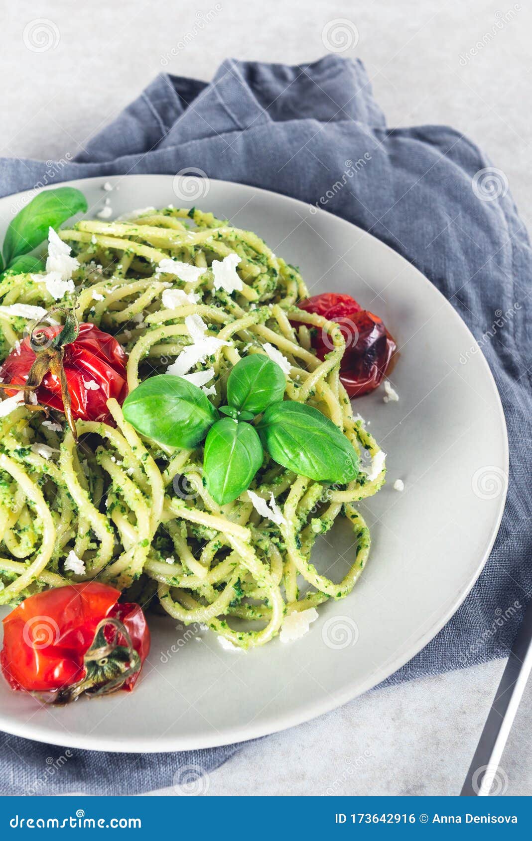 Spaghetti with pesto sauce stock photo. Image of gourmet - 173642916