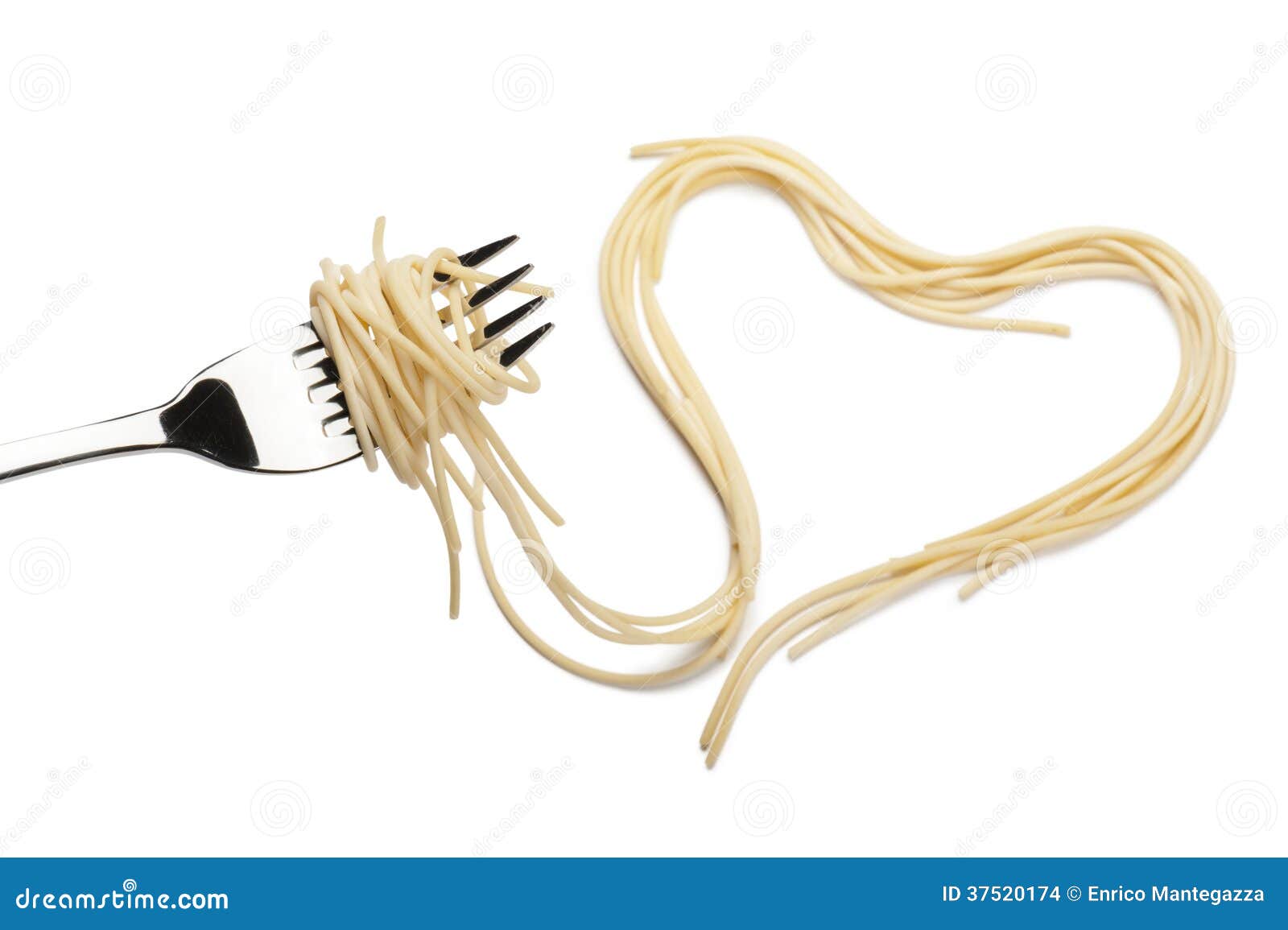 Rolled spaghetti on fork with a pile shaped heart on white background