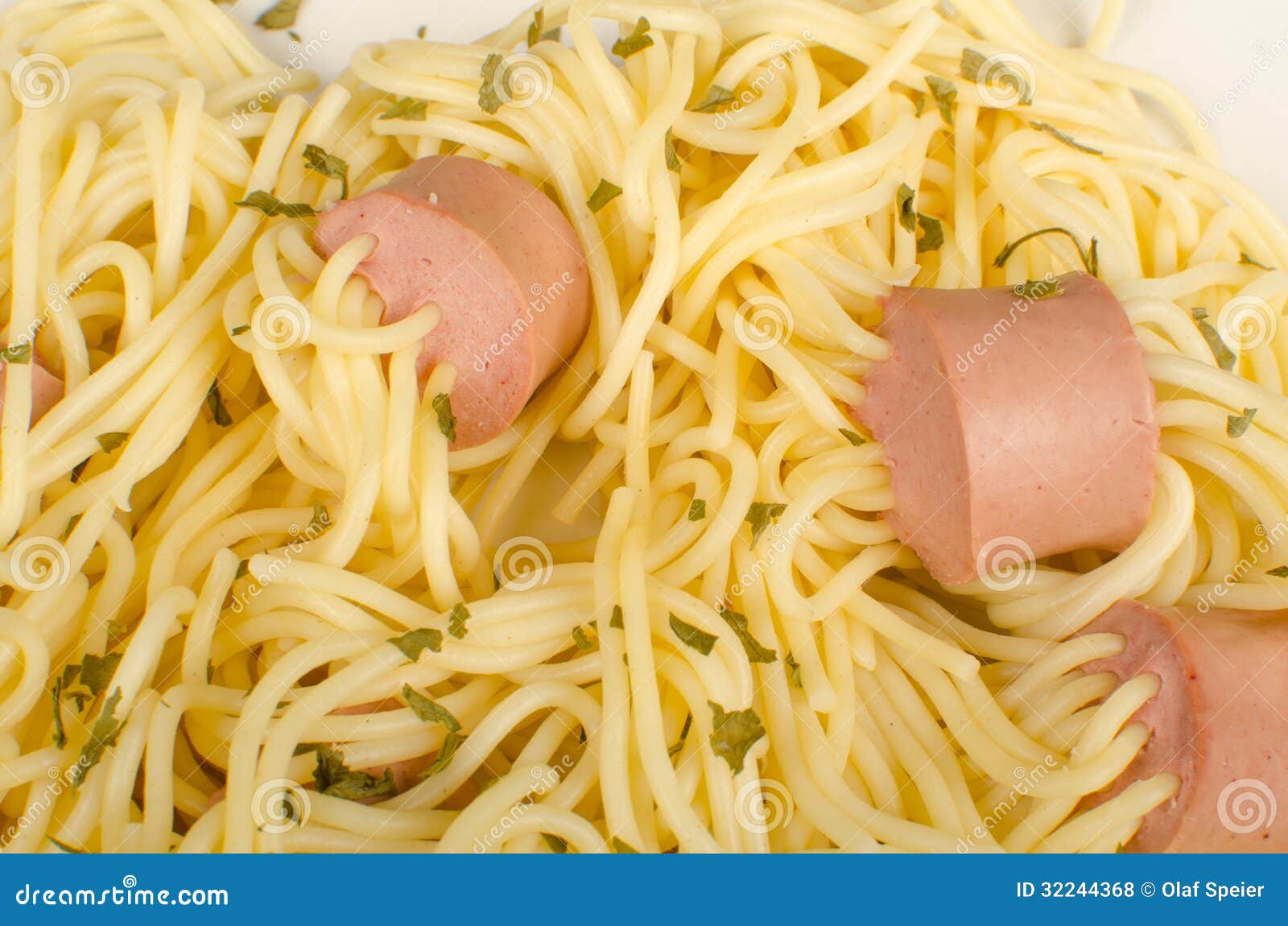 Spaghetti with sausages stock photo. Image of sausage 32244368