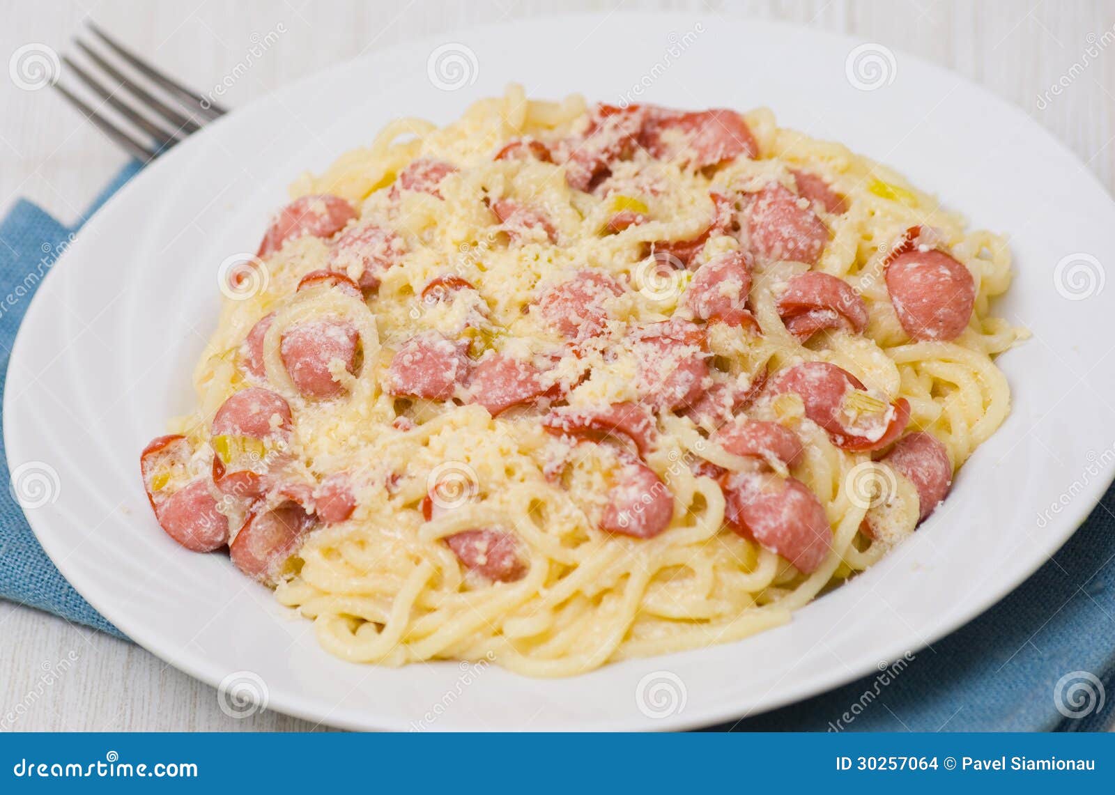 Spaghetti with Smoked Sausage and Cream Sauce Stock Photo Image of