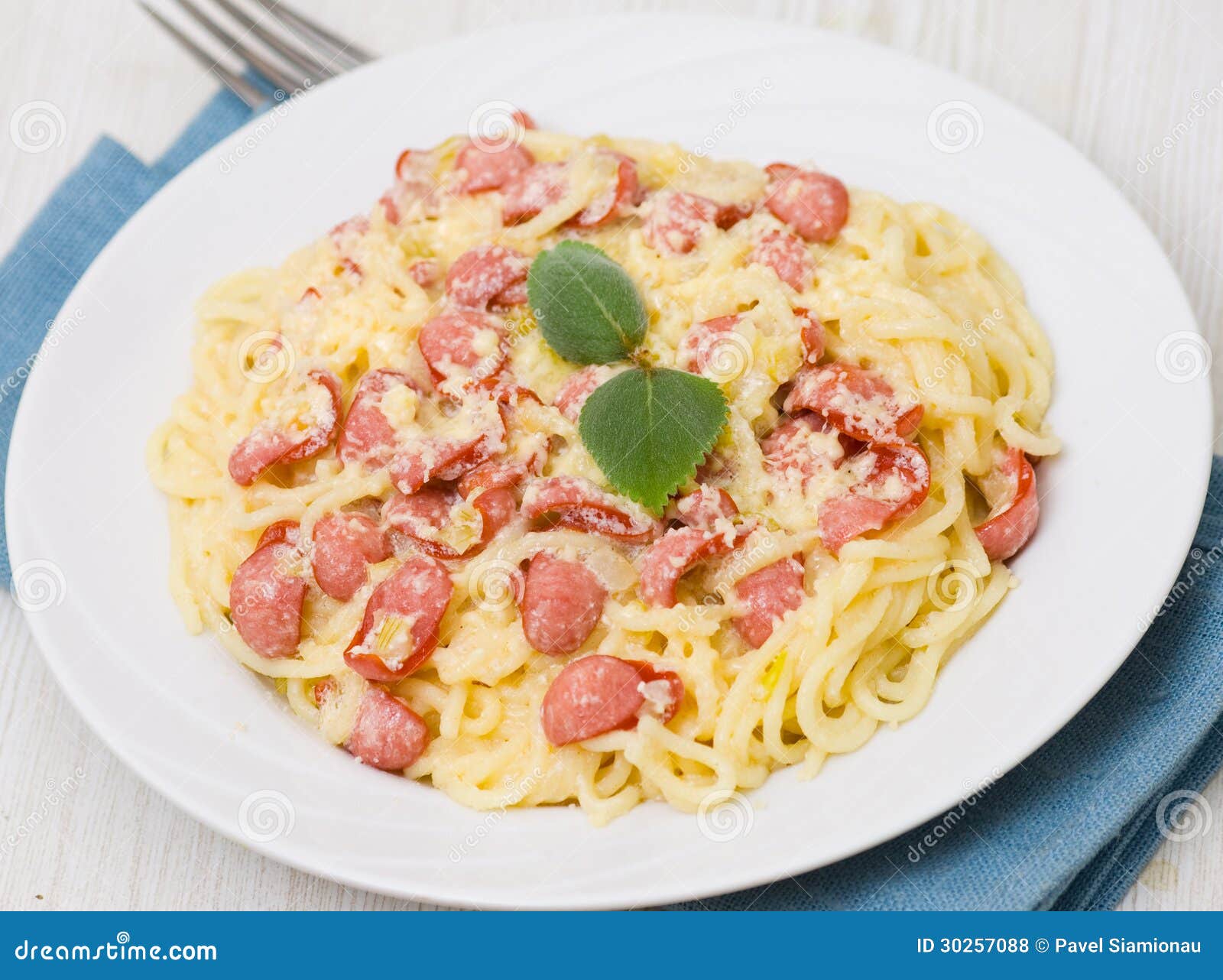 Spaghetti with Smoked Sausage and Cream Sauce Stock Photo Image of