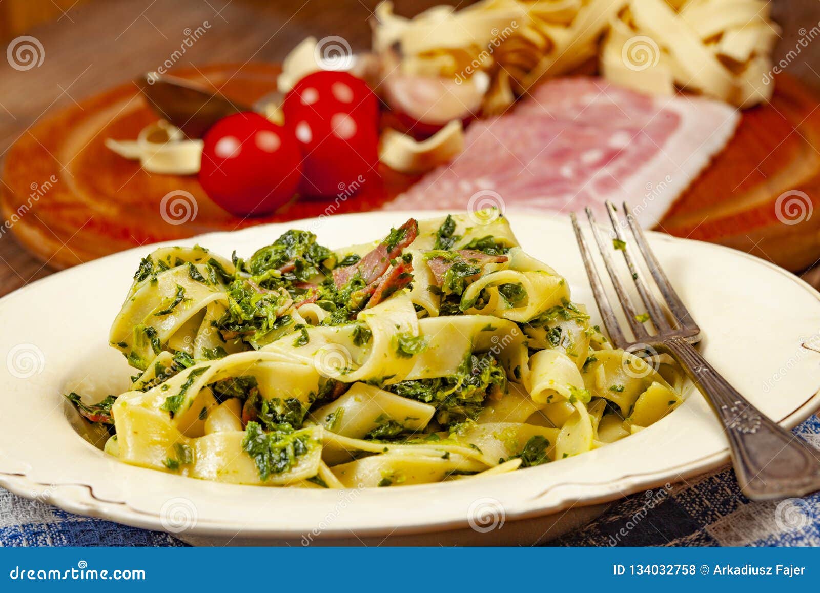 Spaghetti with Spinach and Bacon Stock Photo Image of lunch, beef