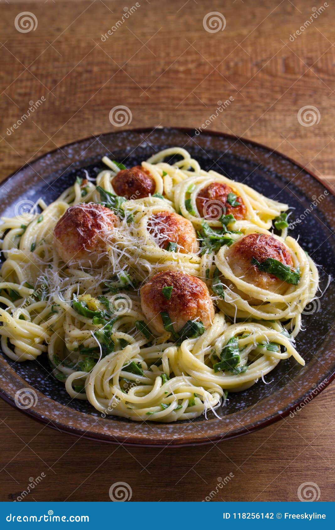 Spaghetti with Spinach and Chicken Meatballs. Pasta with Meatballs