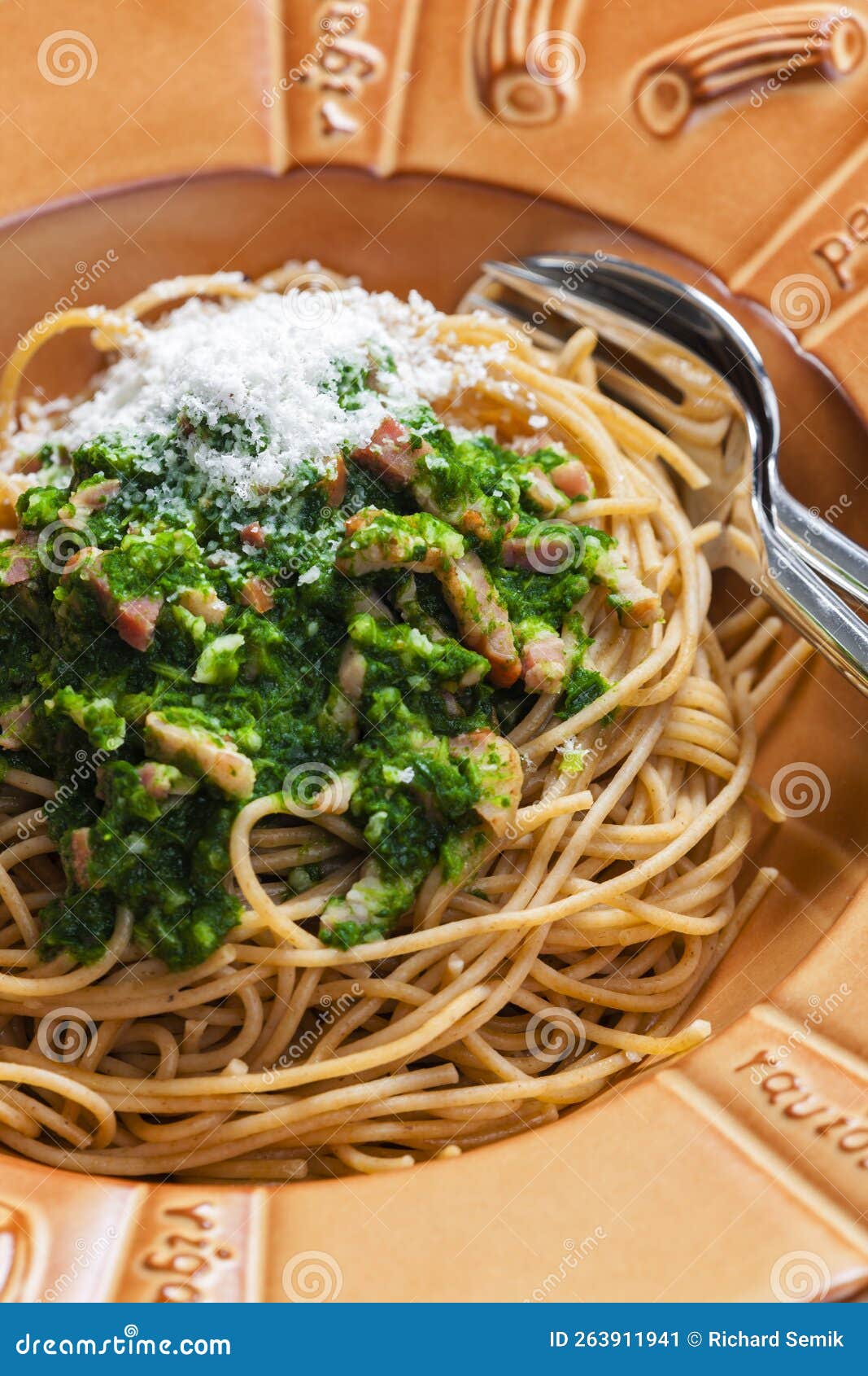 Spaghetti with Spinach Leaves, Bacon and Parmesan Cheese Stock Image