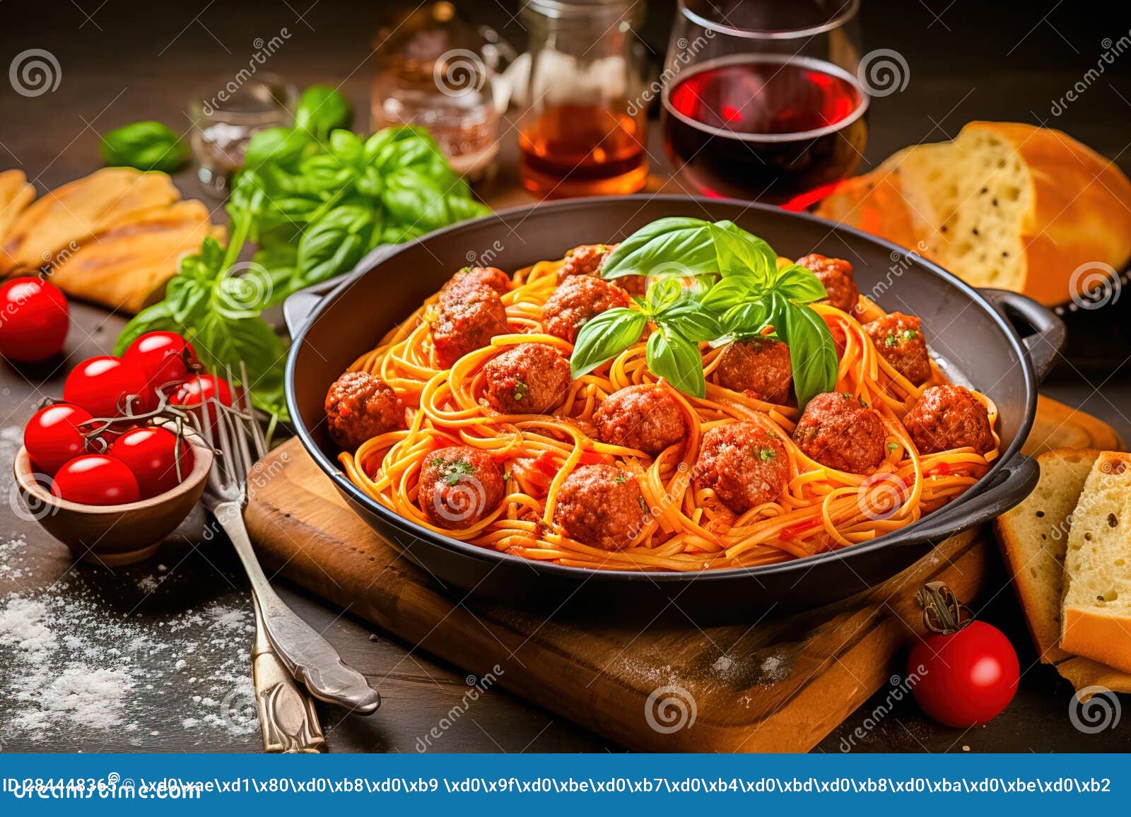 Spaghetti with Tomato Sauce and Meatballs, Red Wine. Generative AI