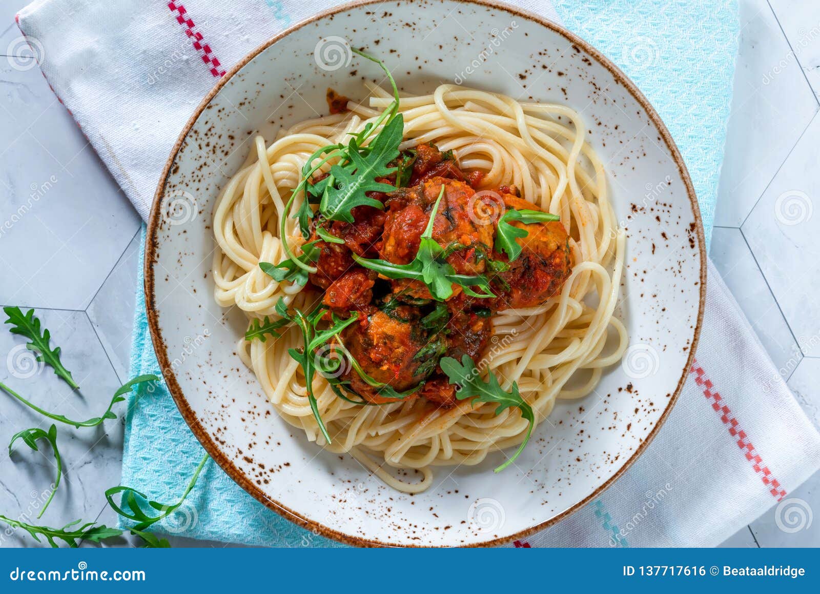 Spaghetti with Tuna Balls in Spicy Tomato Sauce Stock Photo Image of