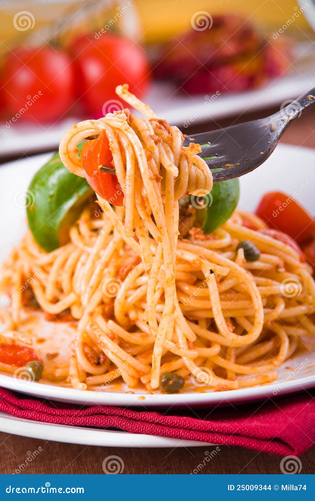 Spaghetti with Tuna, Cherry Tomatoes and Capers. Stock Photo Image of