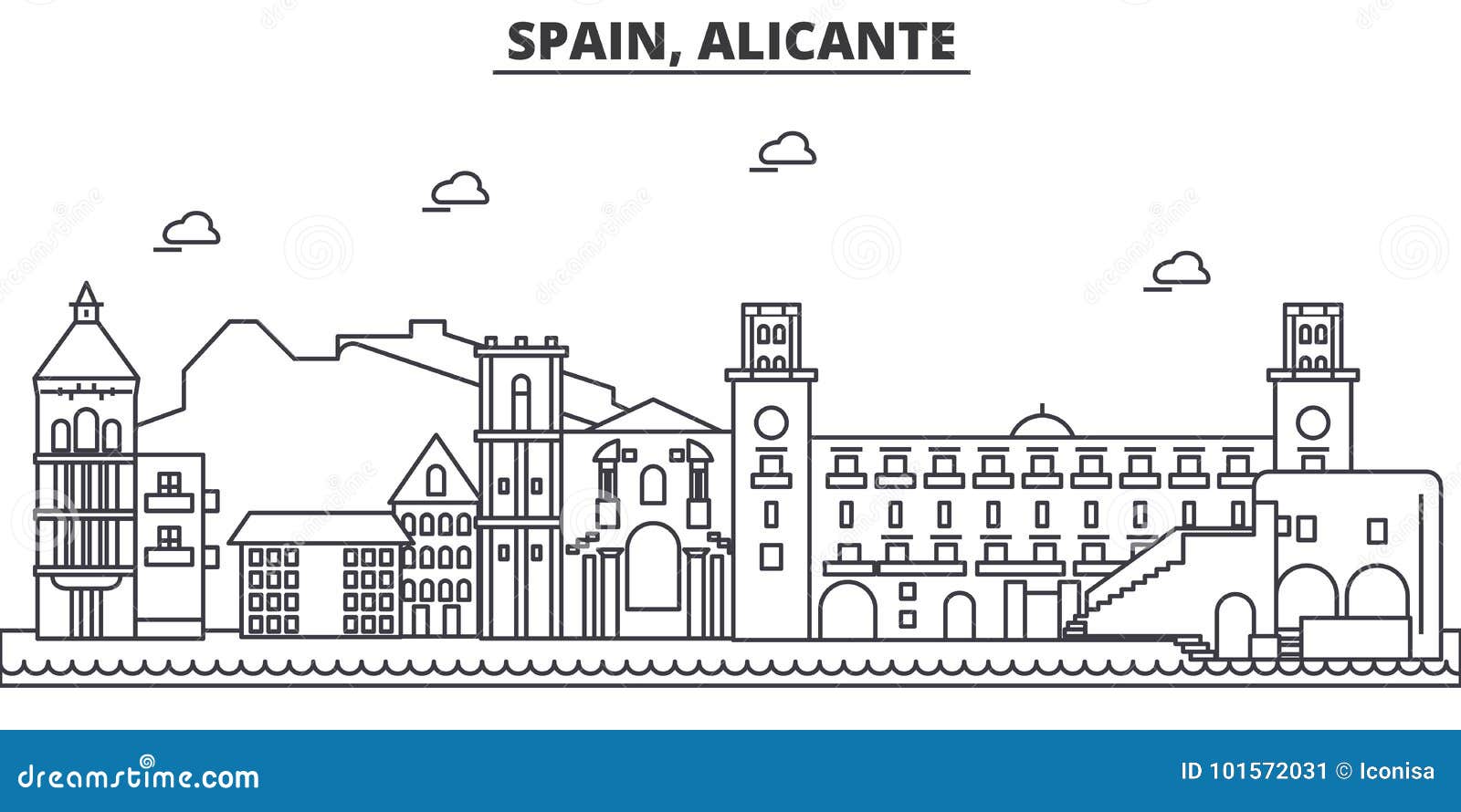 spain, alicante architecture line skyline . linear  cityscape with famous landmarks, city sights