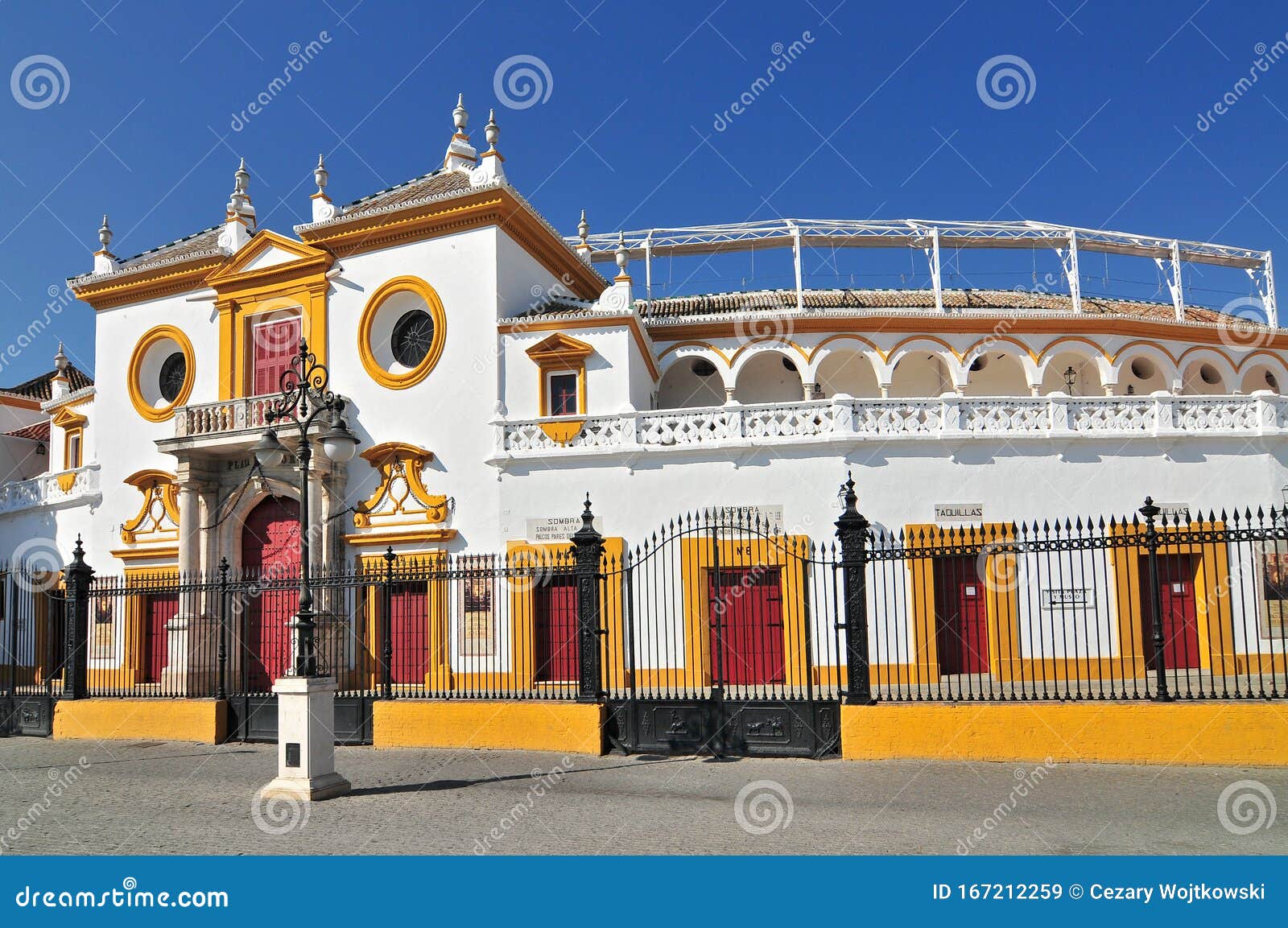 spain, andalusia, sevilla, plaza de toros de la real maestranza de caballeria de sevilla, the baroque facade of the bullring