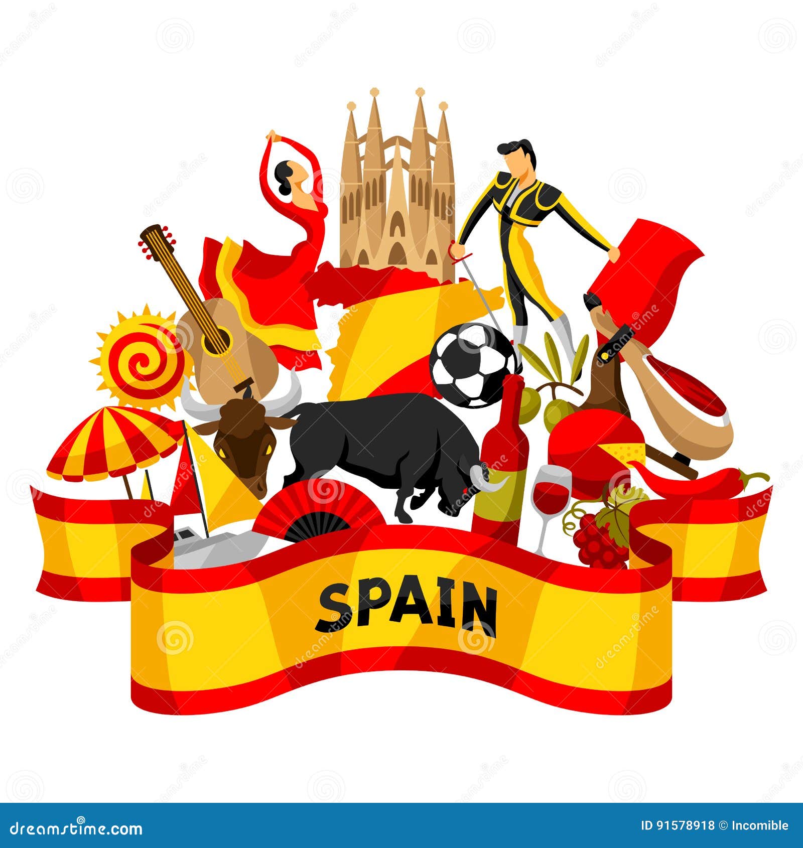 Spain Background Design. Spanish Traditional Sticker Symbols And
