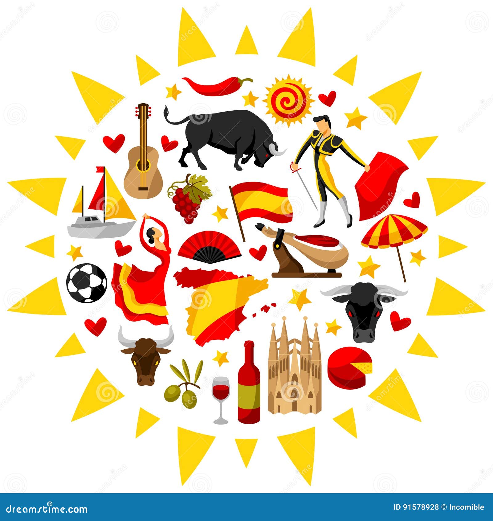 Page De Garde Hispanique Spain Background Design. Spanish Traditional Symbols And Objects