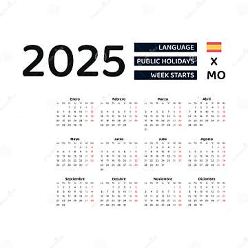 Spain Calendar 2025 Week Starts From Monday Vector Graphic Design 