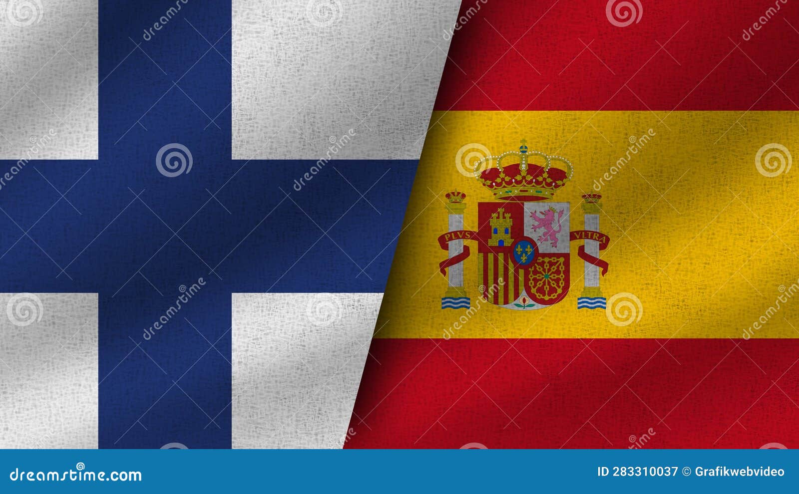 Spain and Finland Realistic Two Flags Together Stock Illustration