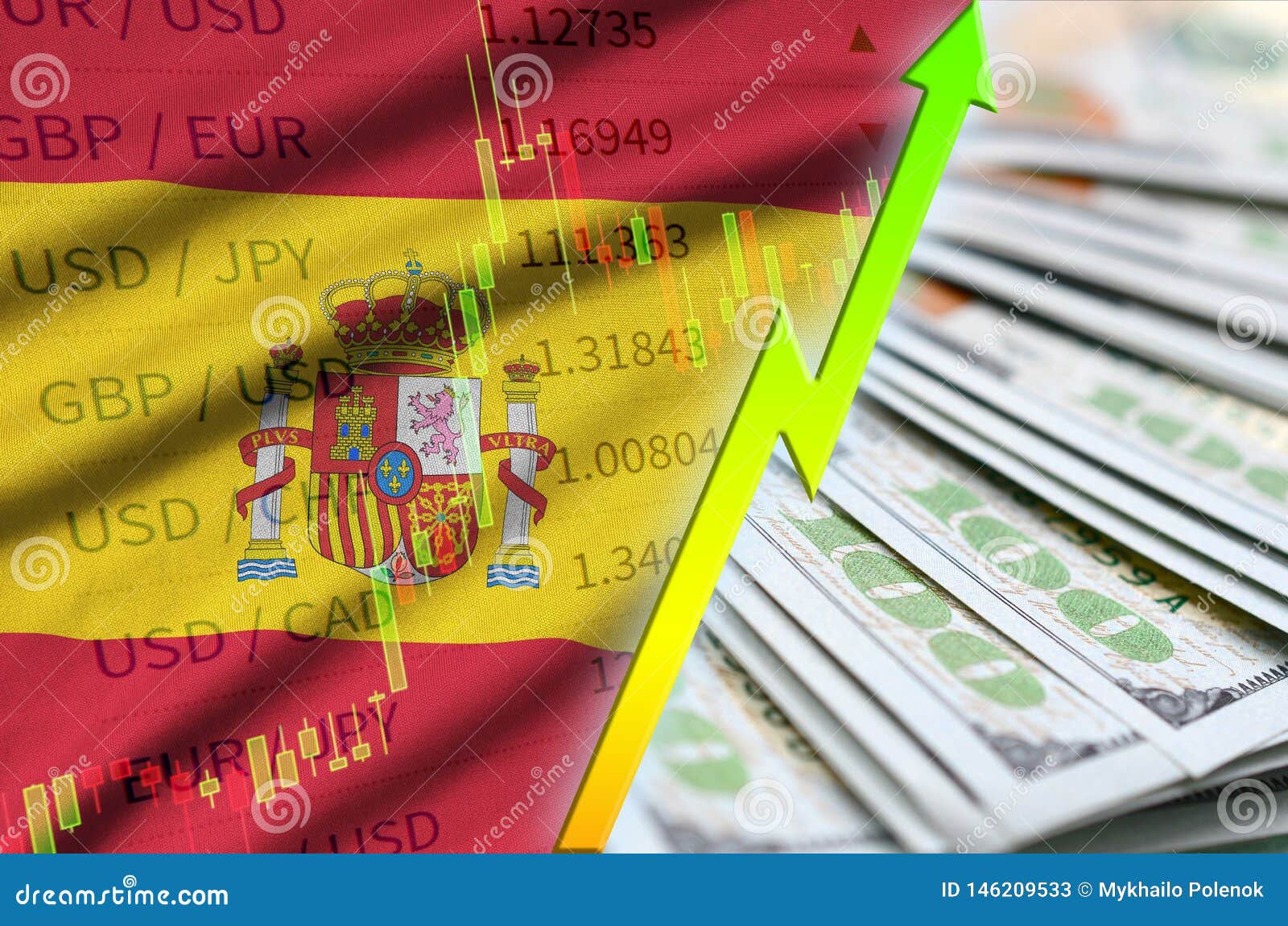 spain-flag-and-chart-growing-us-dollar-position-with-a-fan-of-dollar-bills-stock-illustration
