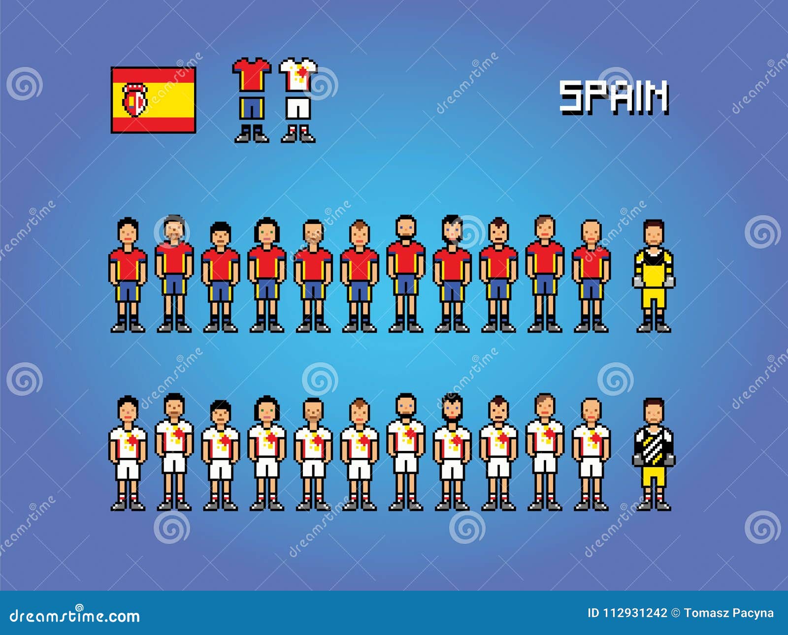 Spain Football Team Uniforms Pixel Art Game Illustration