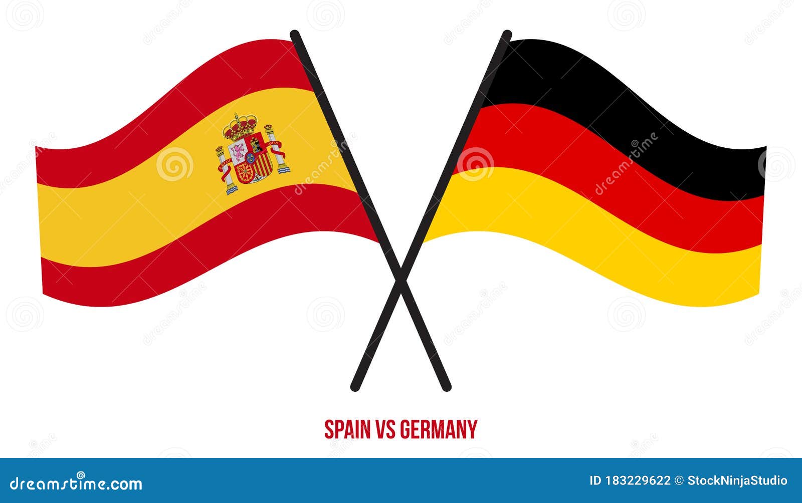 Spain and Germany Flags Crossed and Waving Flat Style. Official