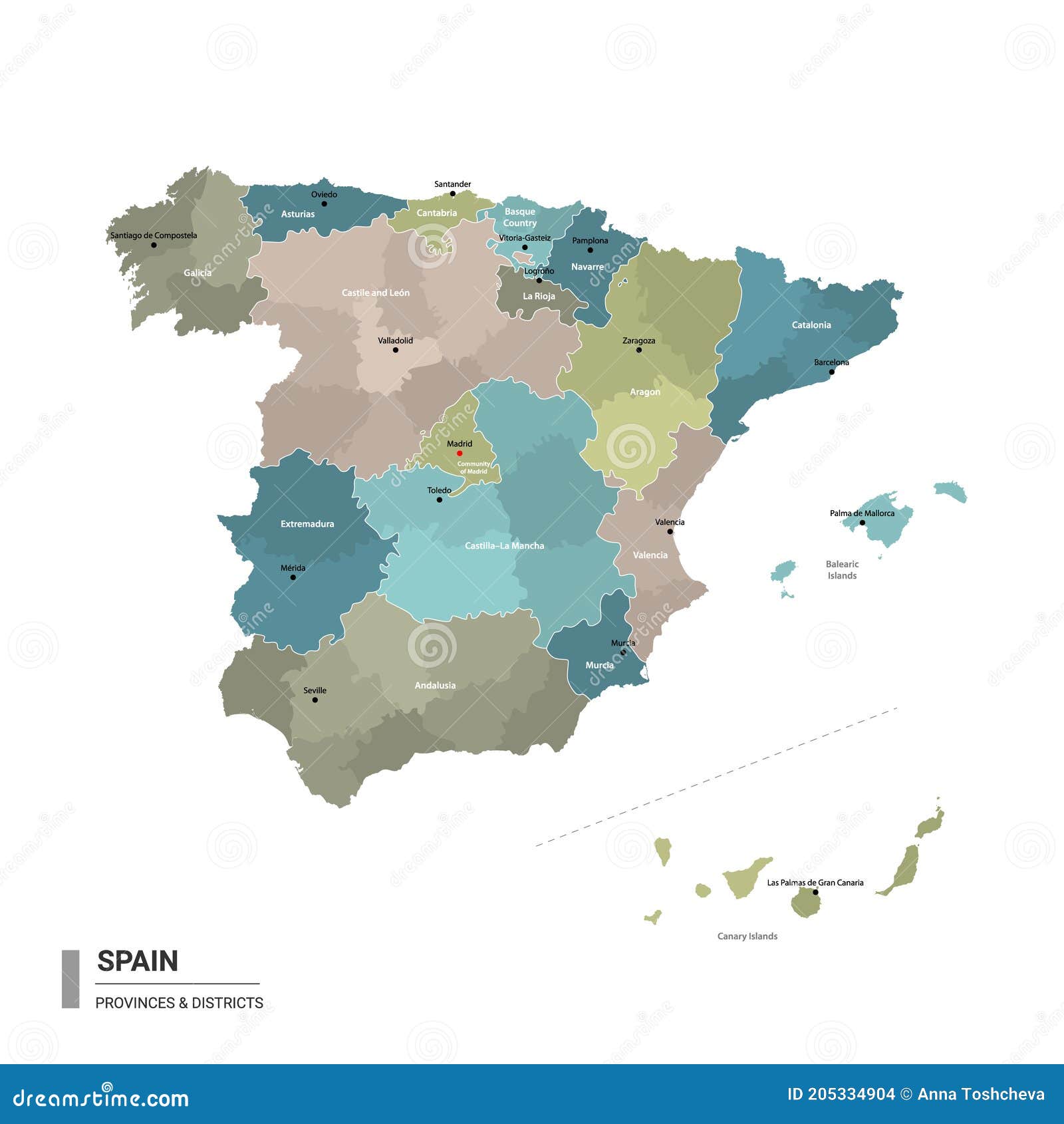 spain higt detailed map with subdivisions. administrative map of spain with districts and cities name, colored by states and