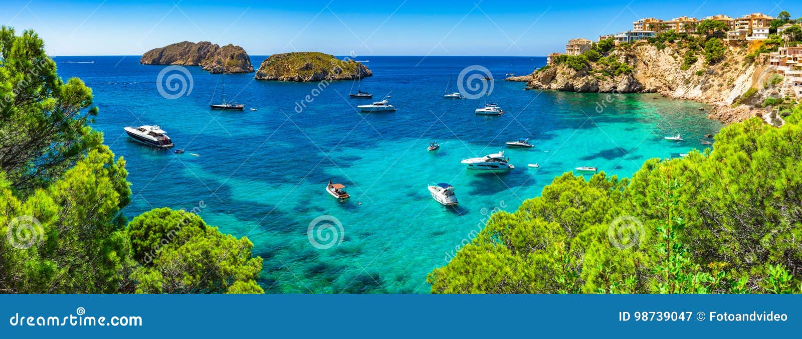 spain mallorca, beautiful panorama seascape, bay with boats at santa ponsa coast.