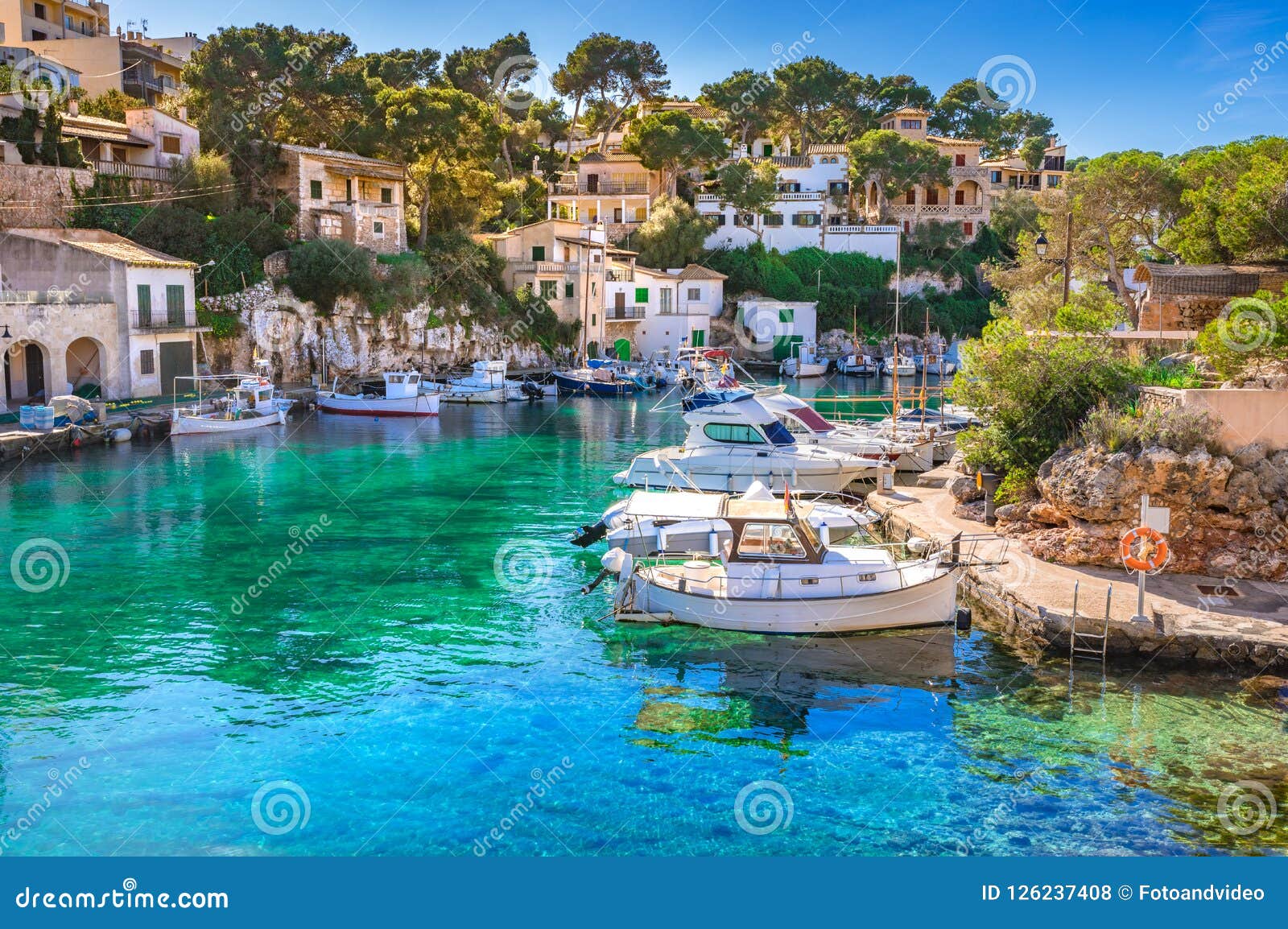 spain mallorca, idyllic old fishing village harbor port of cala figuera