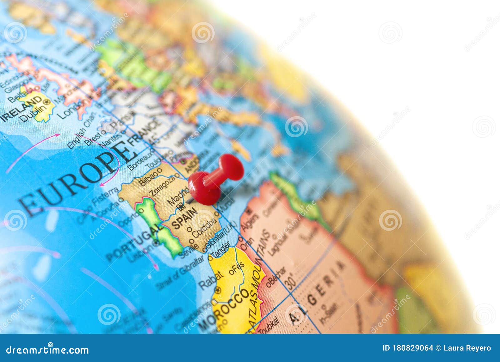 Spain map. Earth globe close up with a red pin.