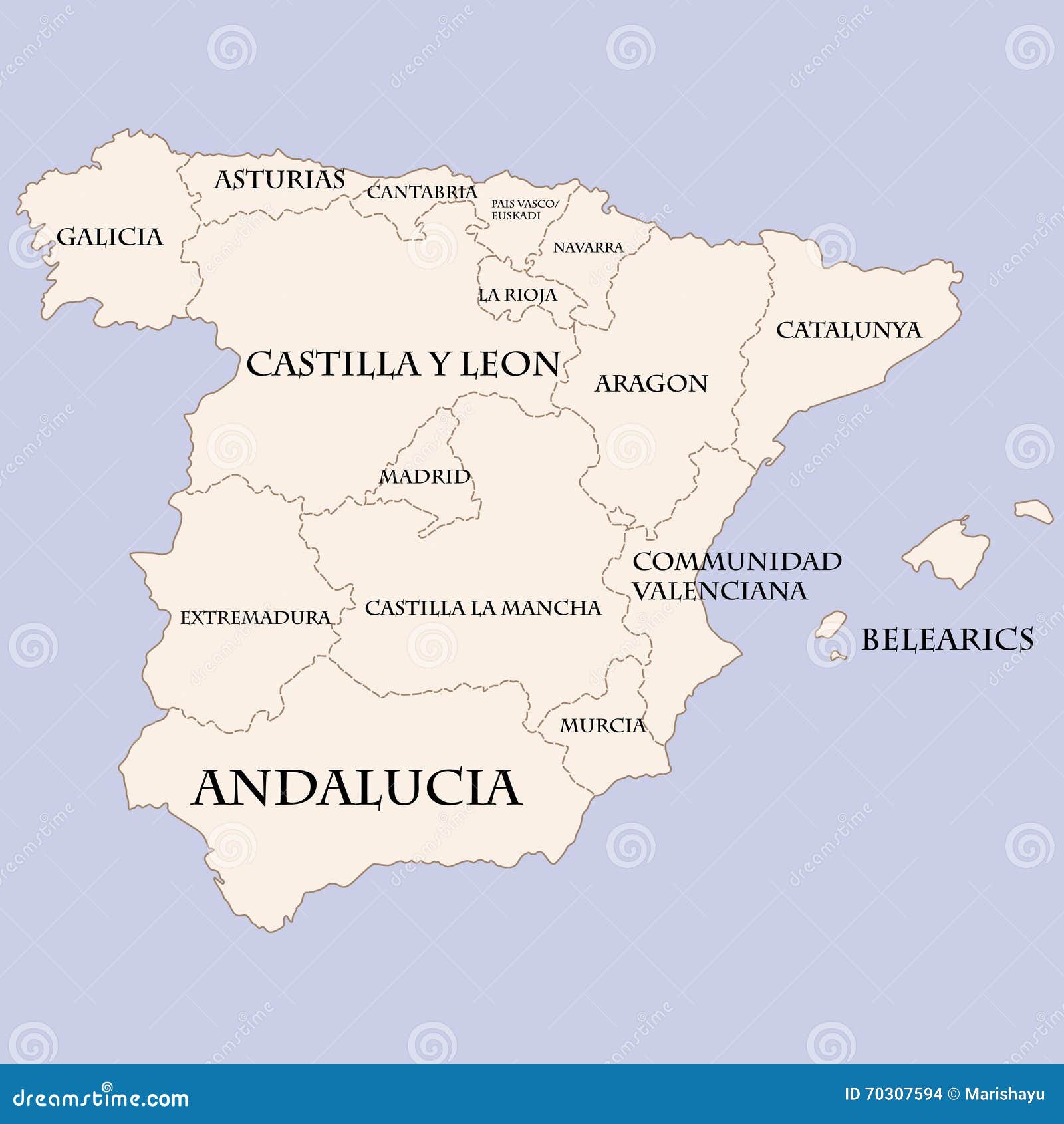 Spain Map with Regions Names Stock Illustration - Illustration of name ...
