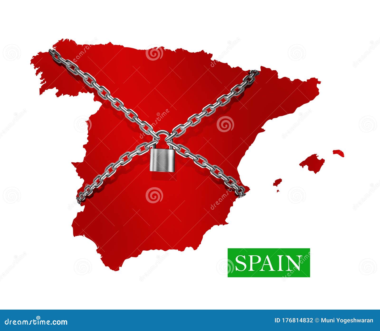 Spain Shutdown Chain and Padlock Lock Down, with Spain Flag Stock
