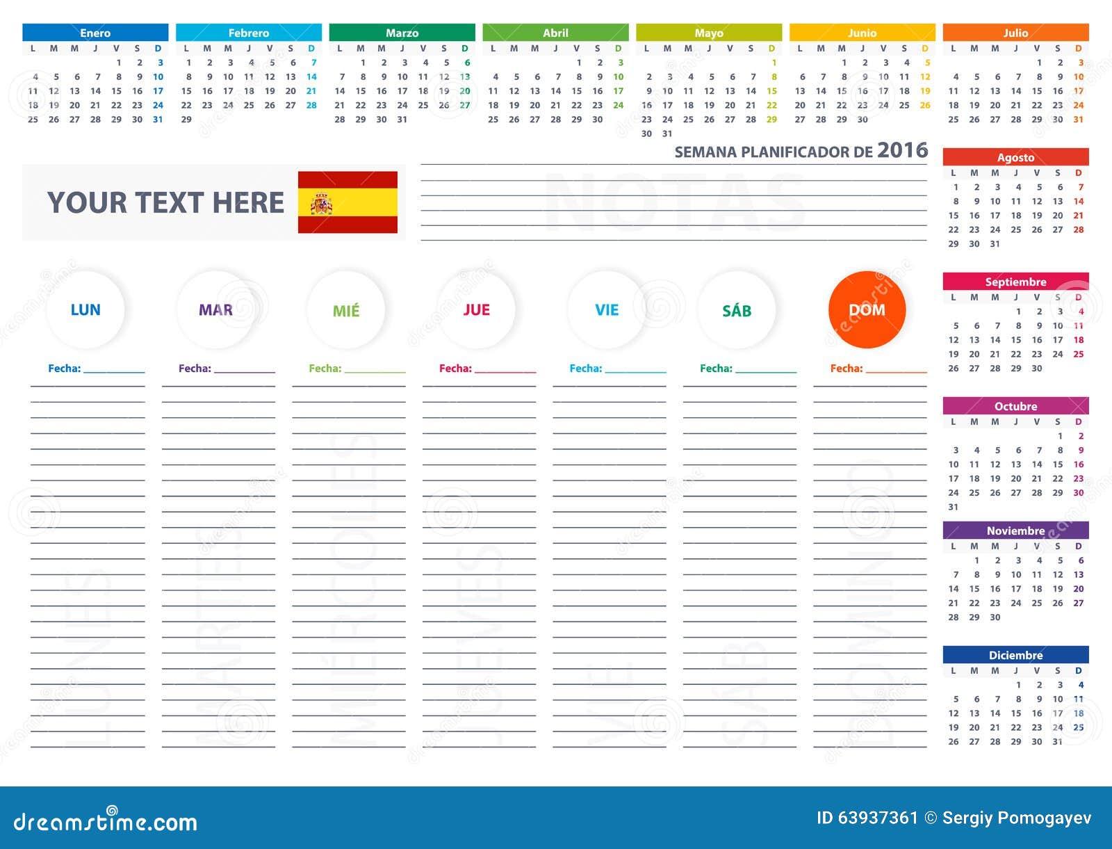 2016 Spain Week Planner Calendar Vector Design Template Stock Vector