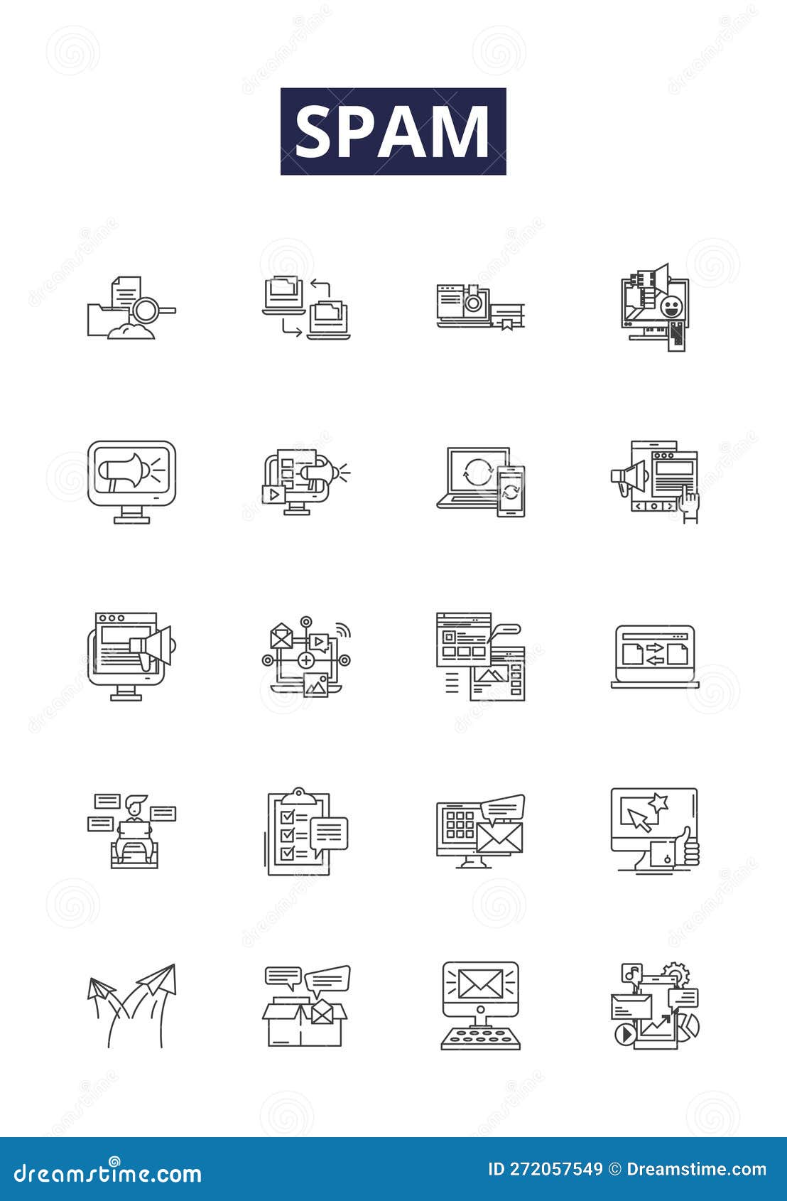 spam line  icons and signs. junk, unwanted, filtered, bot, blacklist, phishing, malicious, adverts outline 