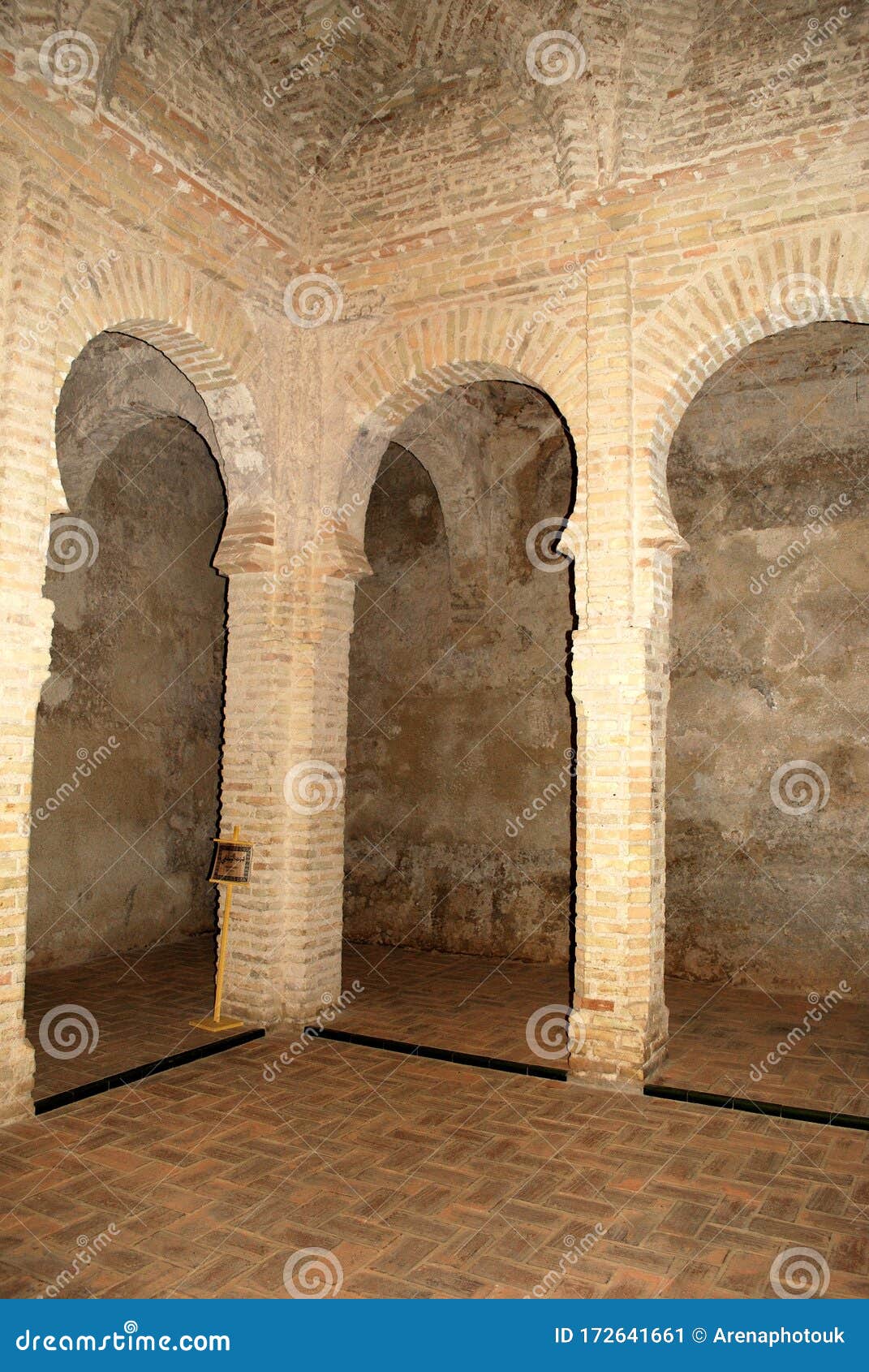 decorative columns inside the arab baths within the castle grounds, jerez de la frontera, spain.