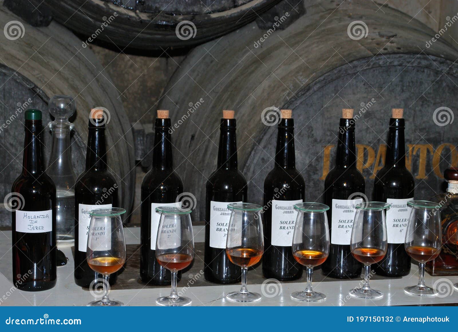 Sherry Bottles, Barrels and Glasses, Jerez De La Frontera. Editorial ...