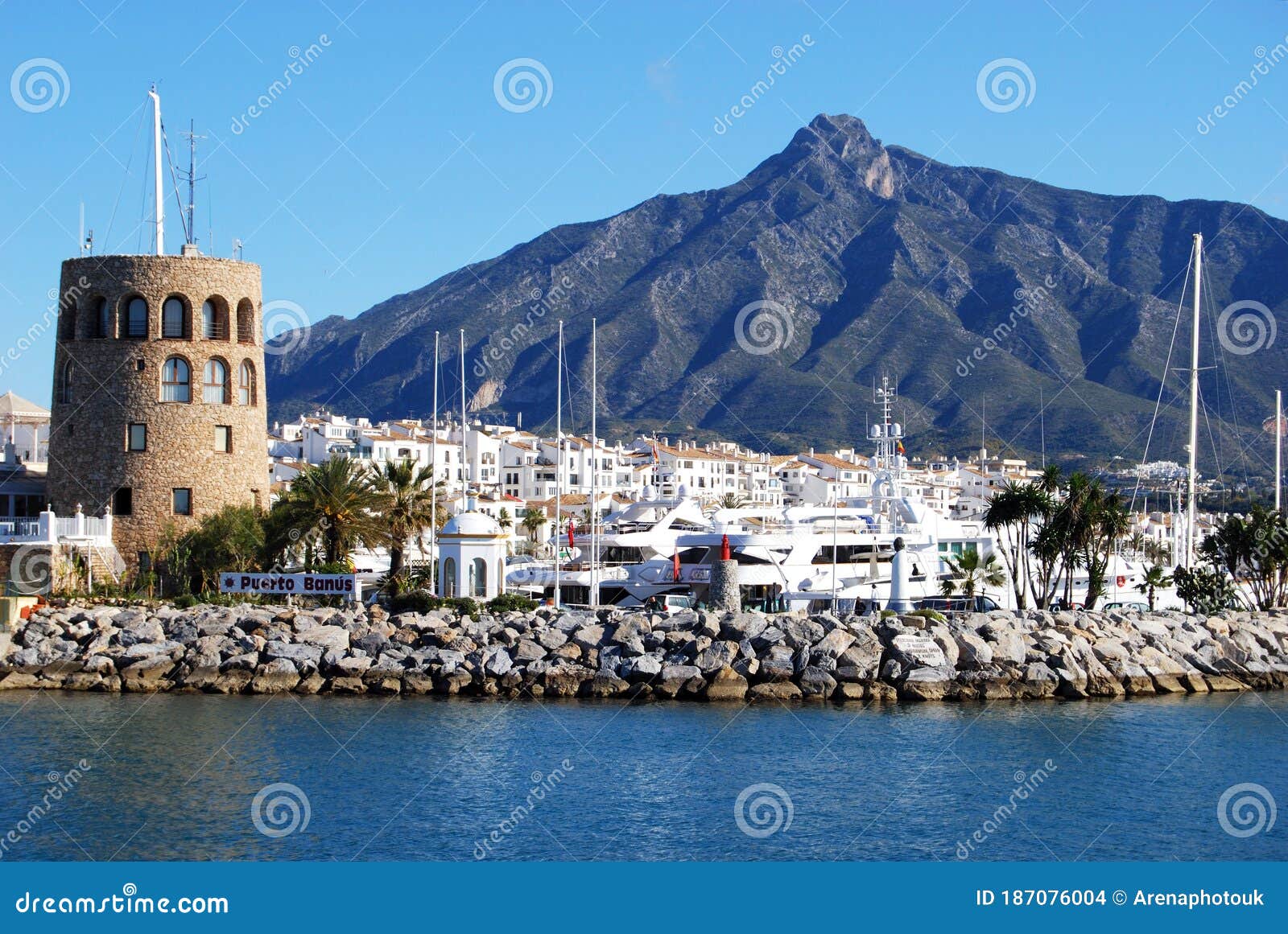 Harbour Watchtower And Town At Puerto Banus Marbella Editorial Stock