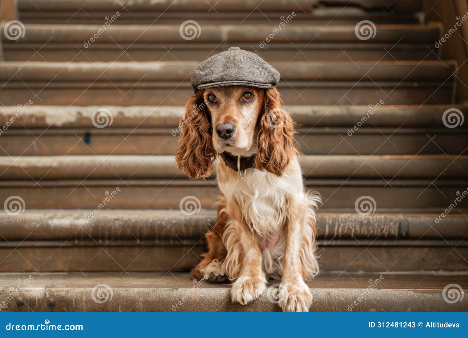 spaniel with cap, sitting on a librarys steps