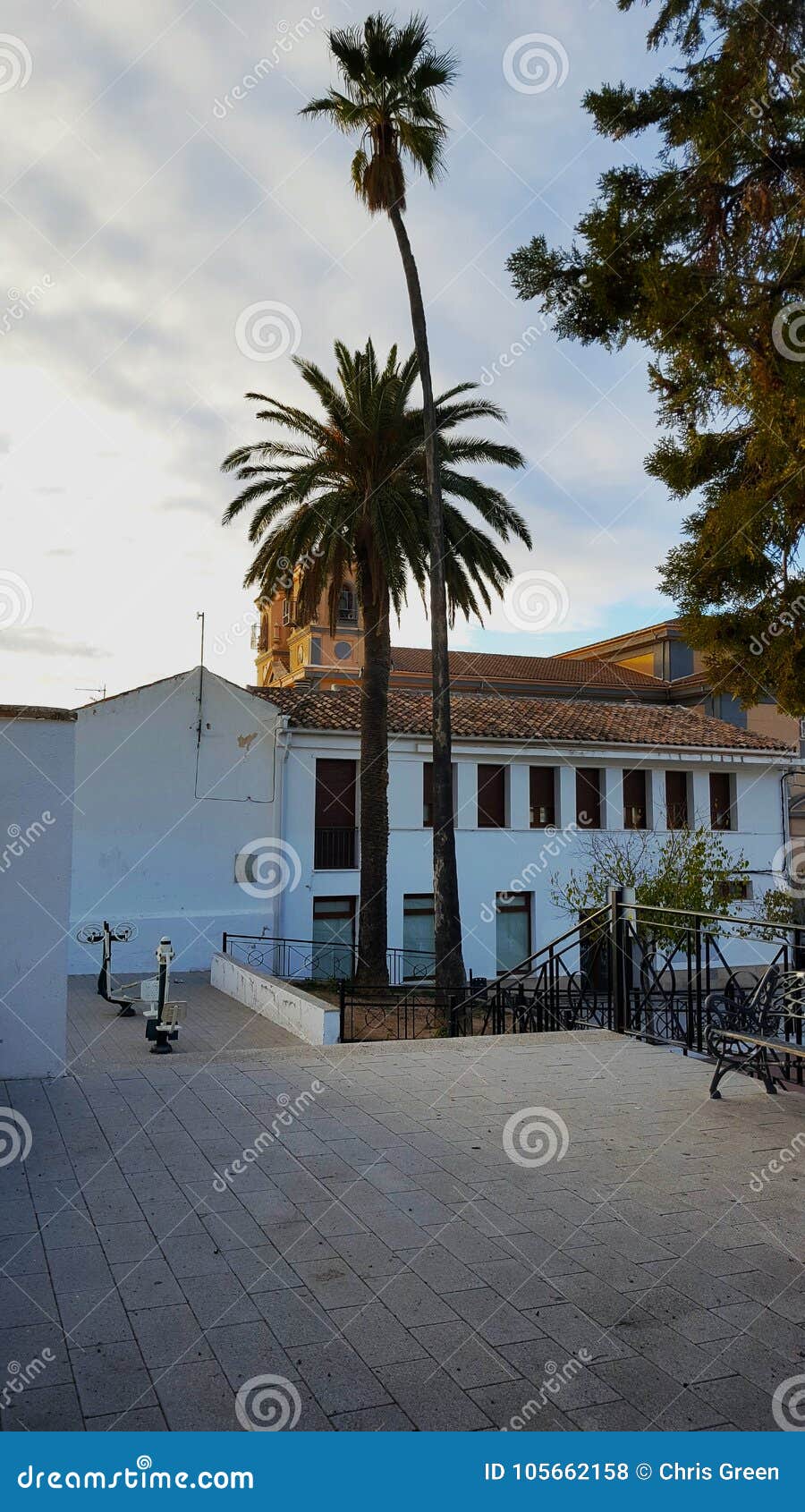 Spanische Piazza Quadrat Mit Palmen Und Kirche Stockfoto Bild Von Kirche Palmen 105662158