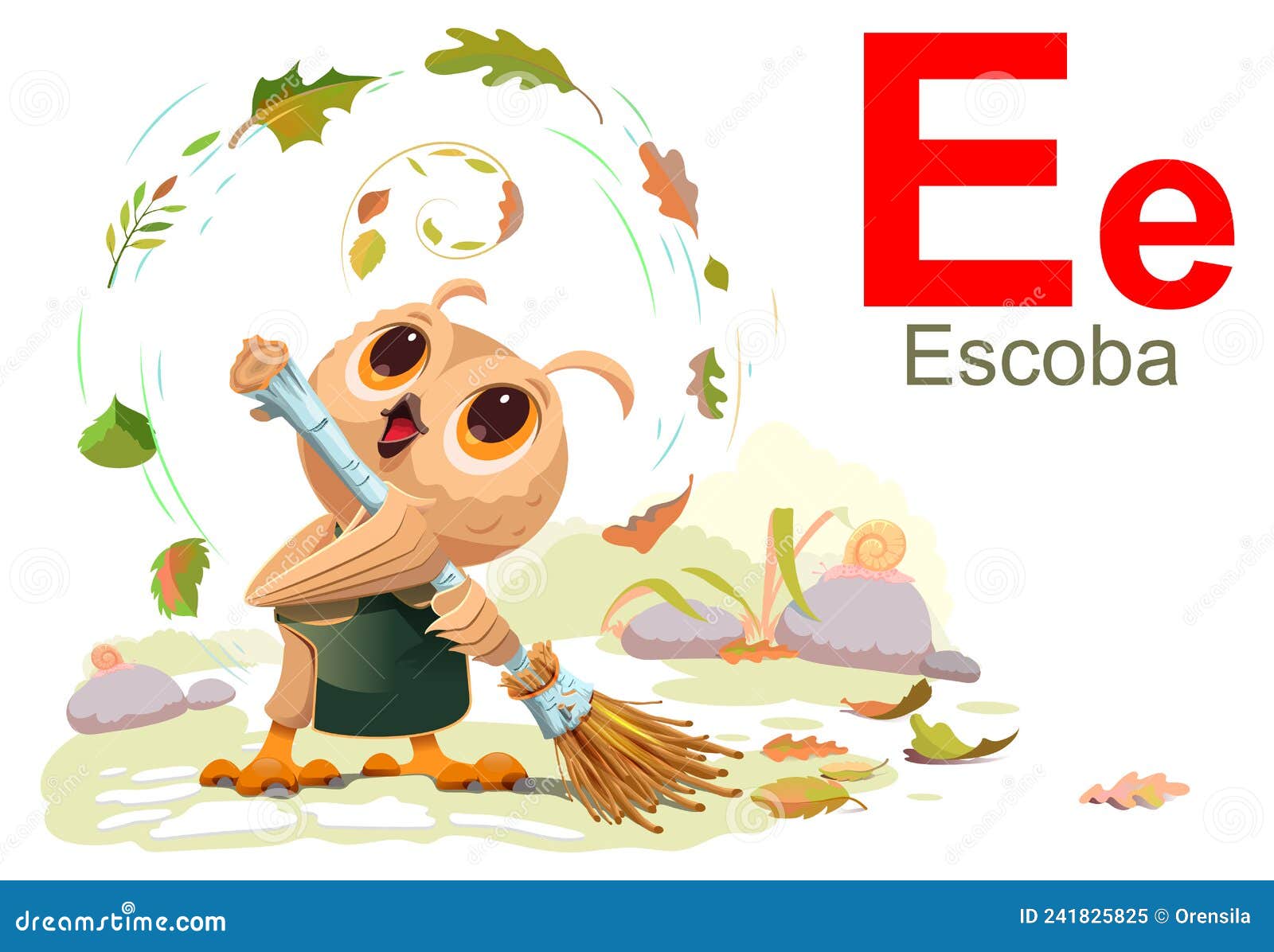 spanish abc alphabet letter e escoba. owl bird janitor sweeping leaves broom