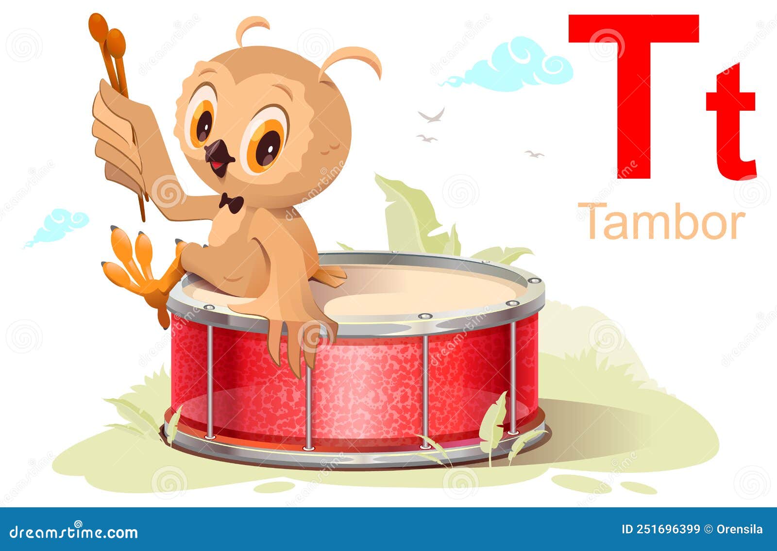 spanish alphabet study letter t drum spanish translation tambor. cute funny owl drummer sit