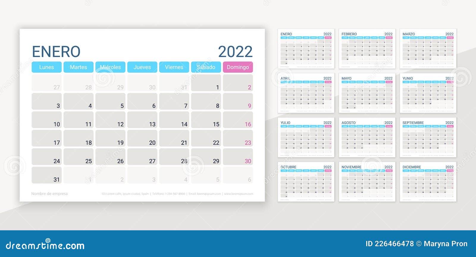 2022 spanish calendar layout. desk calender template.  