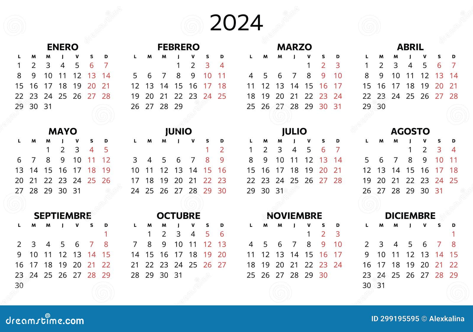 2024 spanish calendar. printable   for spain. 12 months year calendario