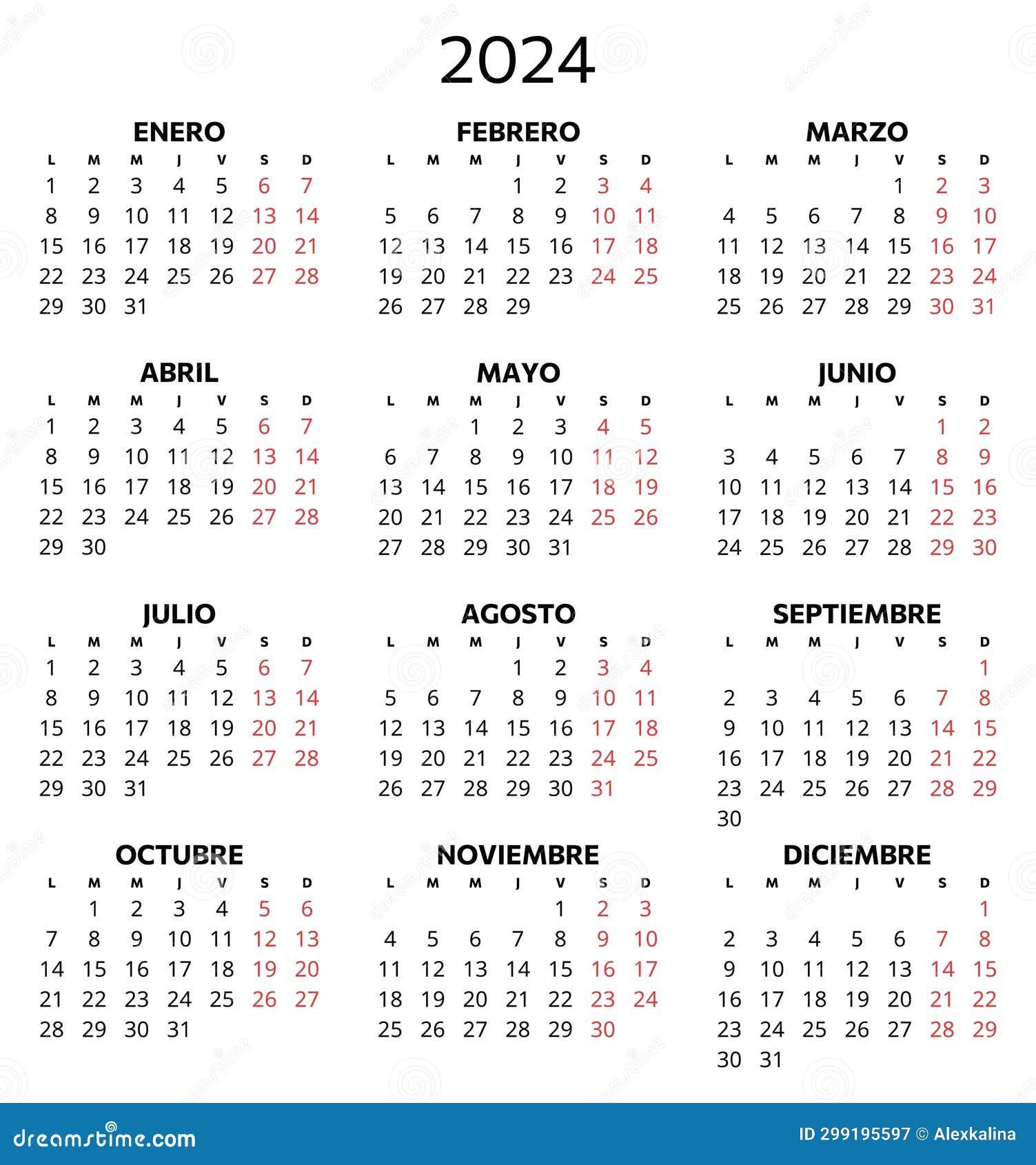 2024 spanish calendar. printable   for spain. 12 months year calendario