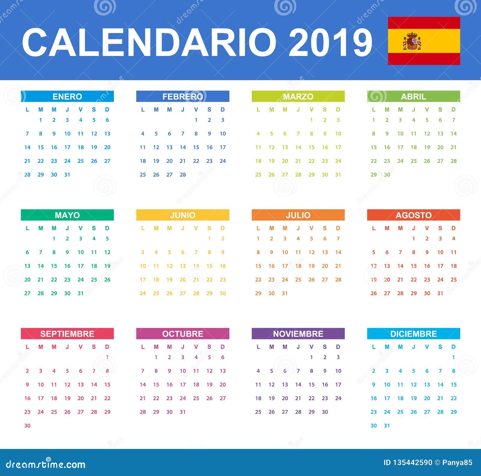 Spanish Calendar For 19 Scheduler Agenda Or Diary Template Week Starts On Monday Stock Vector Illustration Of Spanish Sunday
